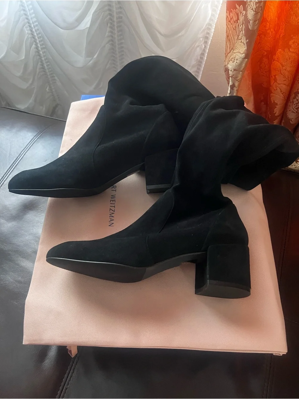 Stuart Weitzman Black Suede Over-the-Knee Block Heel Boots